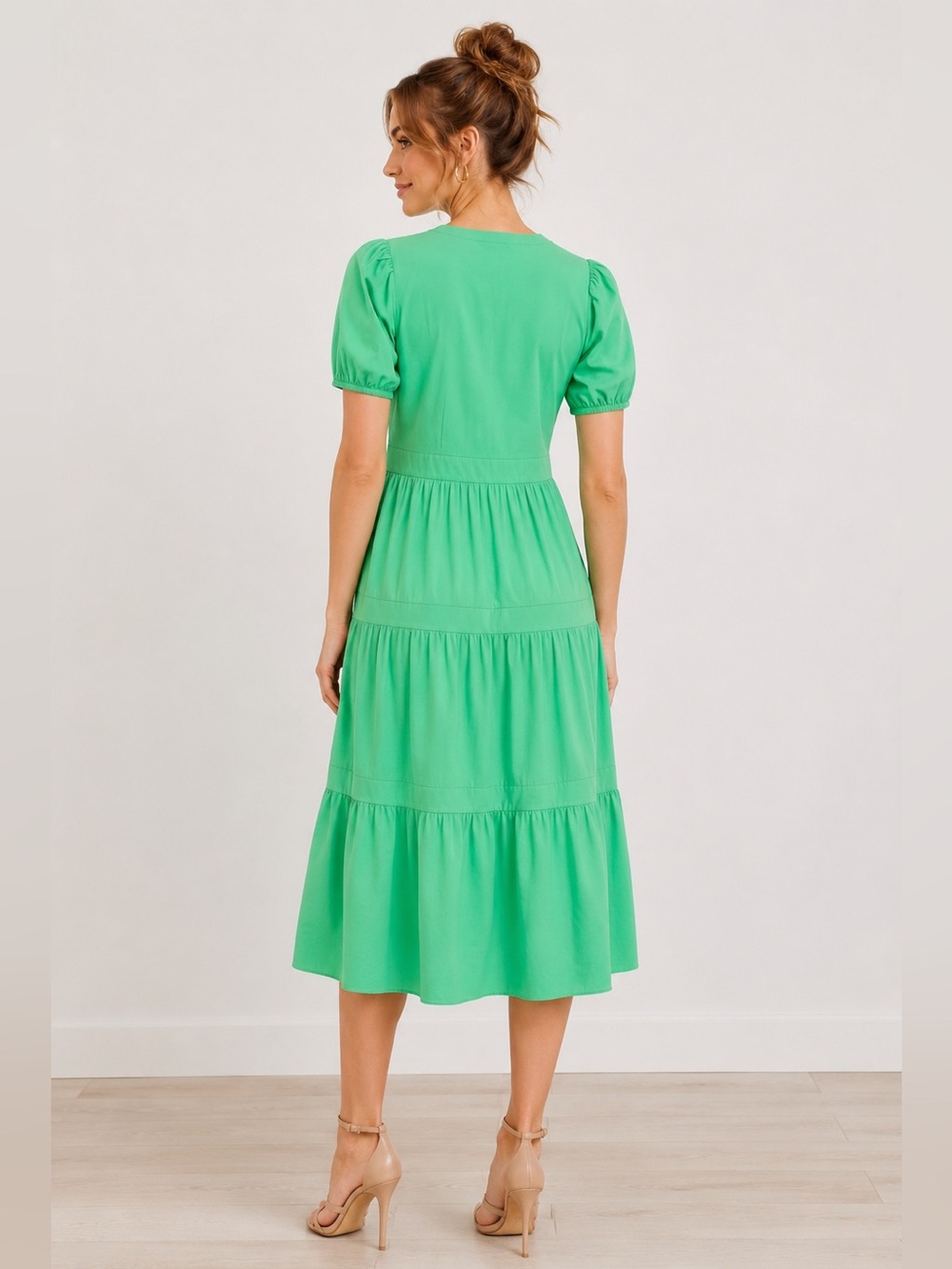 LOFT Tiered Puff Sleeve Midi Dress in Kelly Green Size 12 - Picture 6 of 15